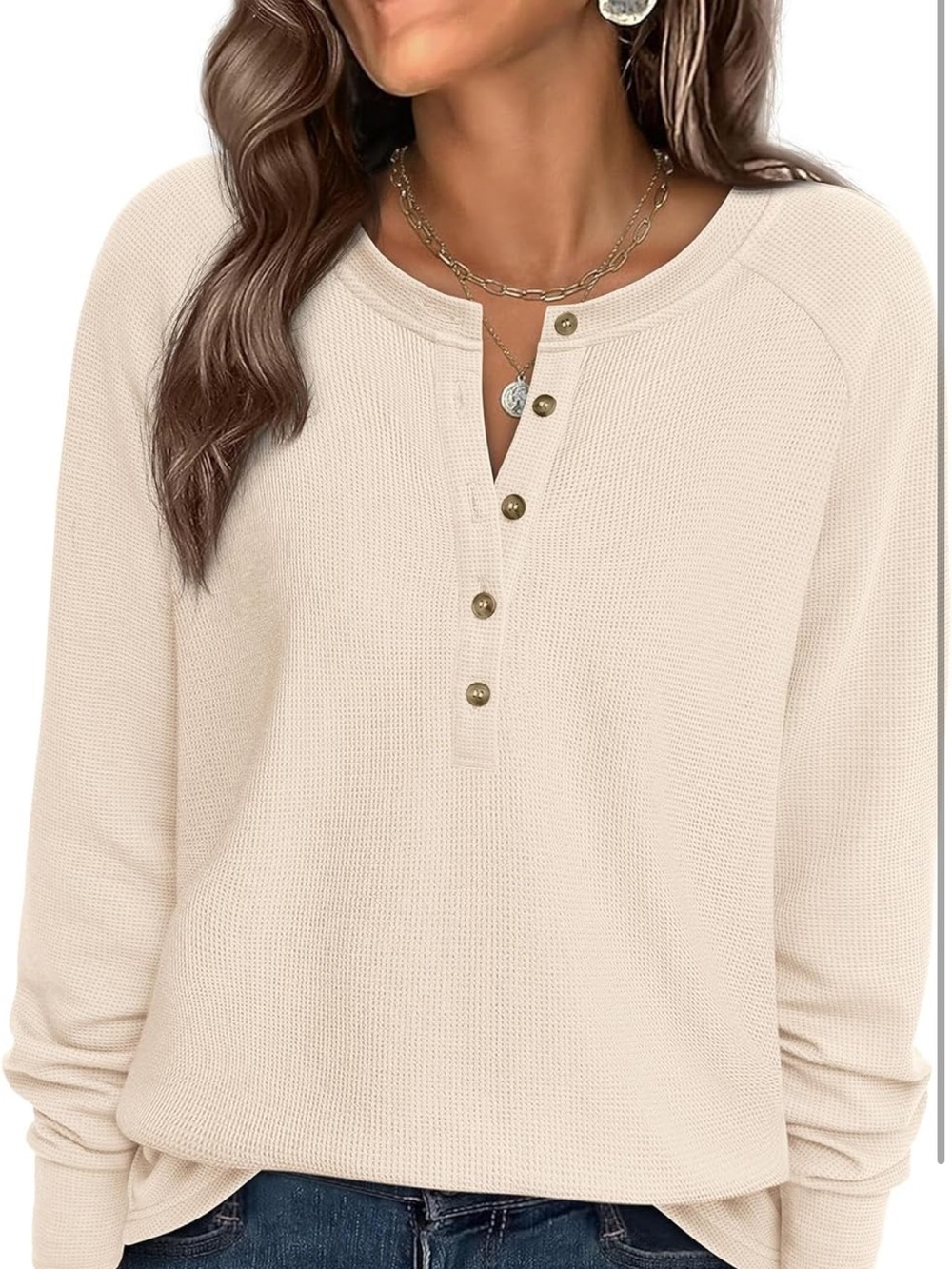 #74 Pretty Garden Long Sleeve Waffle Knit Shirts Casual Button V Neck Beige - Picture 2 of 6